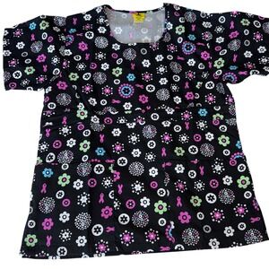 Black Star Breast Cancer Awareness Floral Scrub Top Pink Ribbon Black XS 720